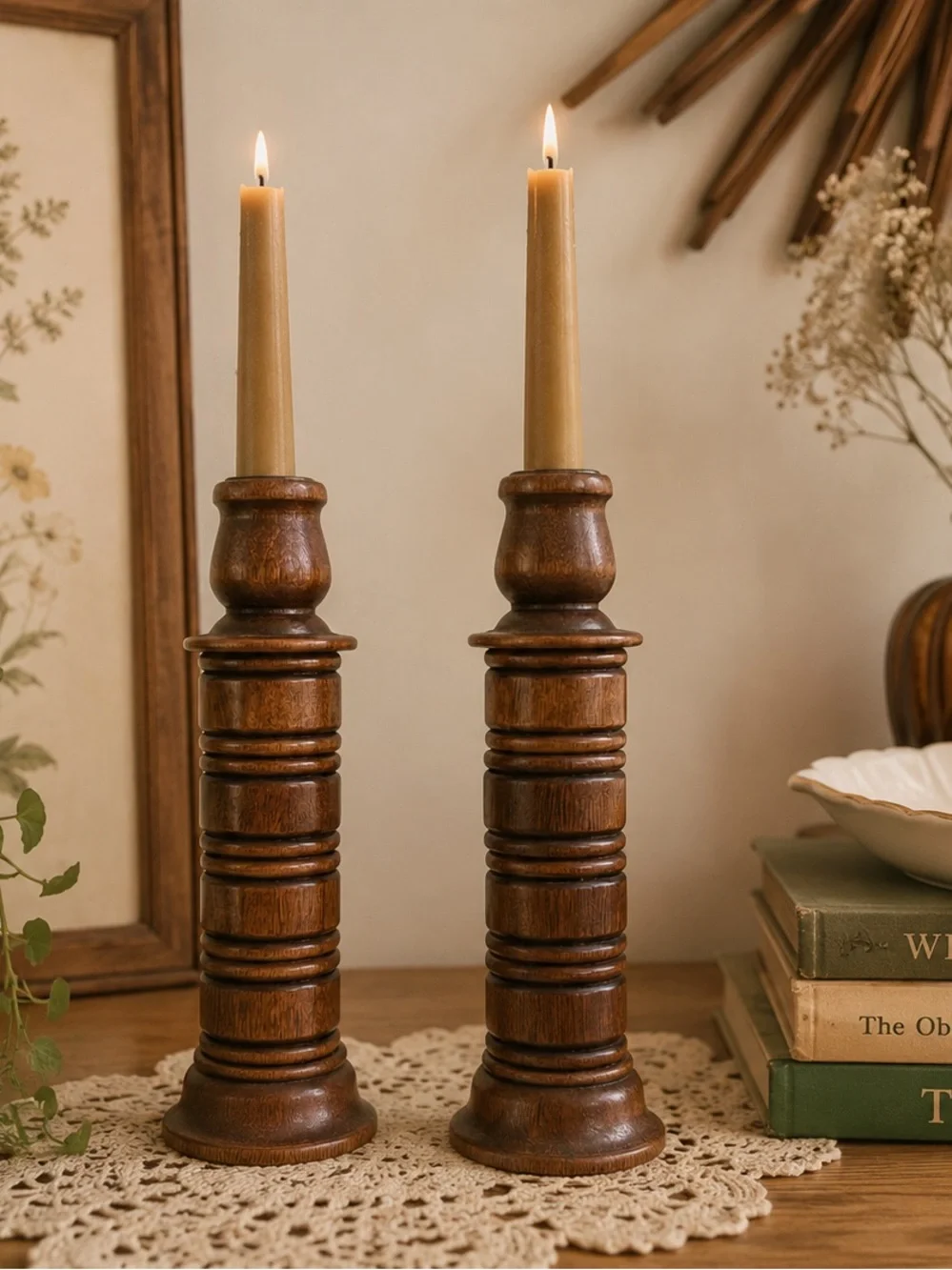 Vintage Solid Wood Candlestick Holders Set of 2 Turned Wooden Candle Holders